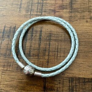 Pandora Light Blue Double Leather Bracelet with Sterling Silver Ball Clasp